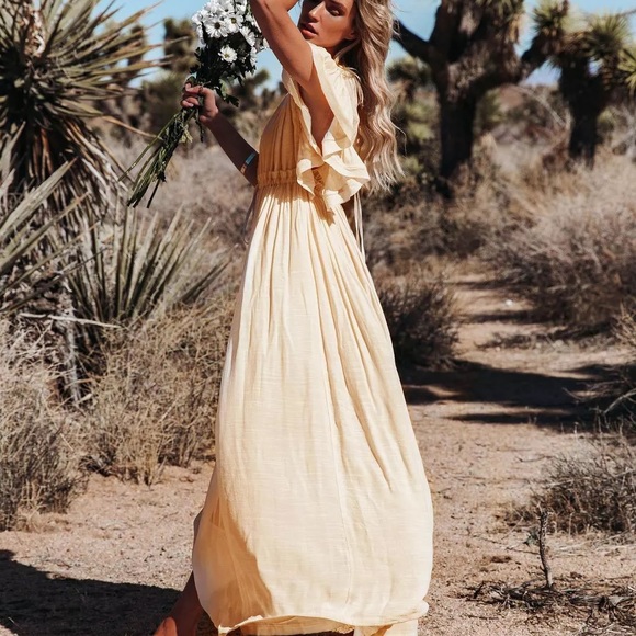 Cream Boho Gauze Boho Button Flutter Maxi Butterfly Arms Dress - Picture 8 of 11